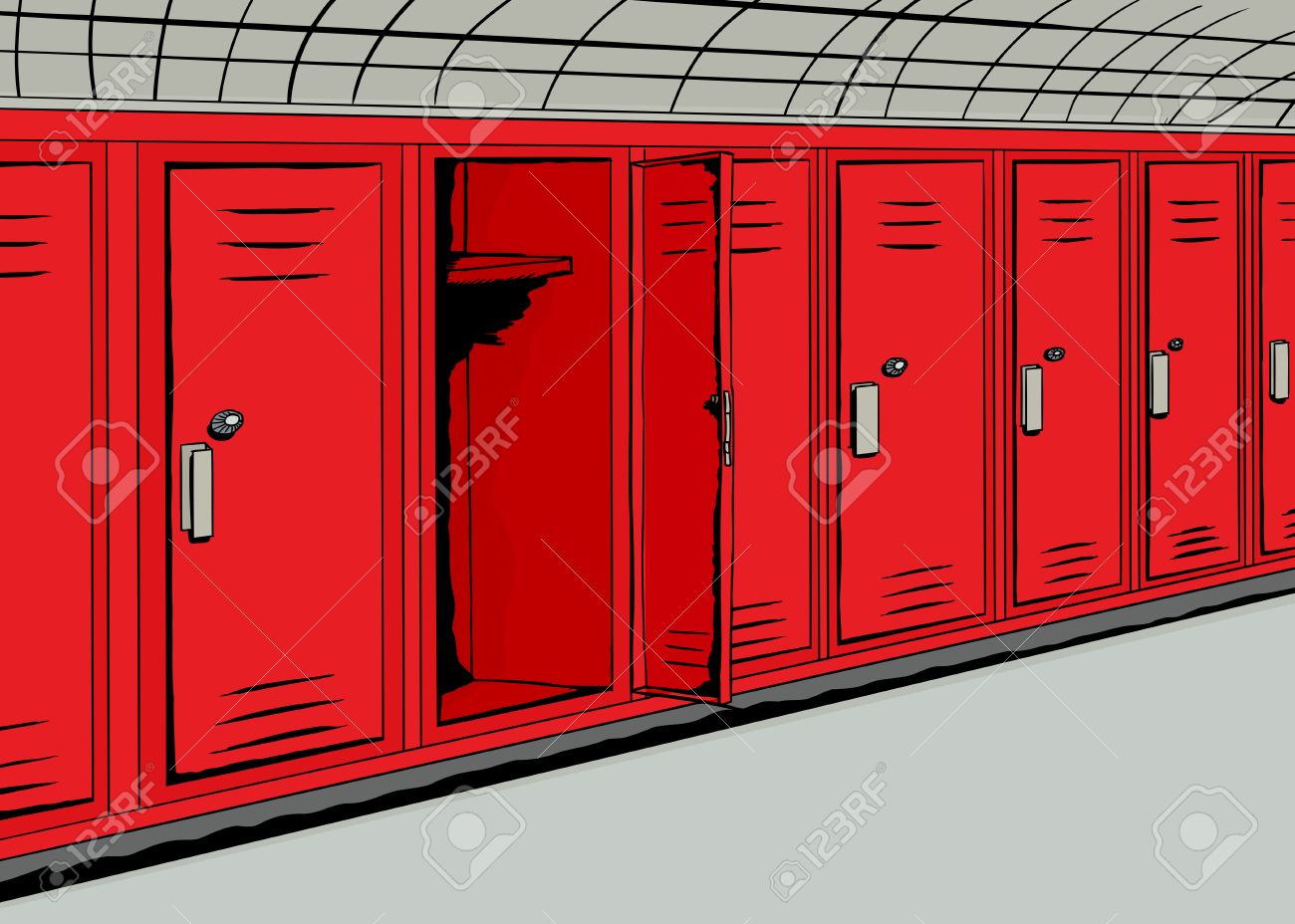 学校の廊下で開いているロッカーの背景シーン のイラスト素材 ベクタ Image