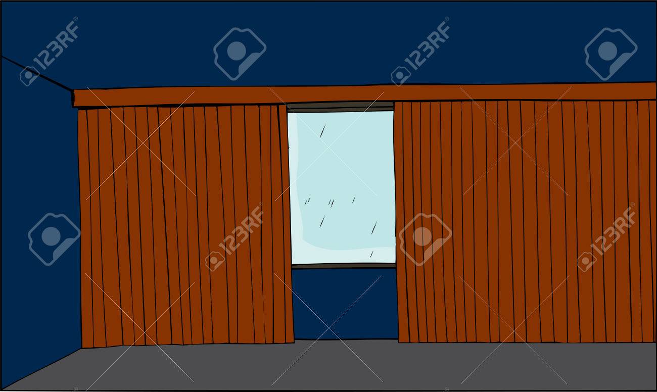 半分開いている縦のブラインドと窓の外の部屋雨の背景のイラスト素材 ベクタ Image