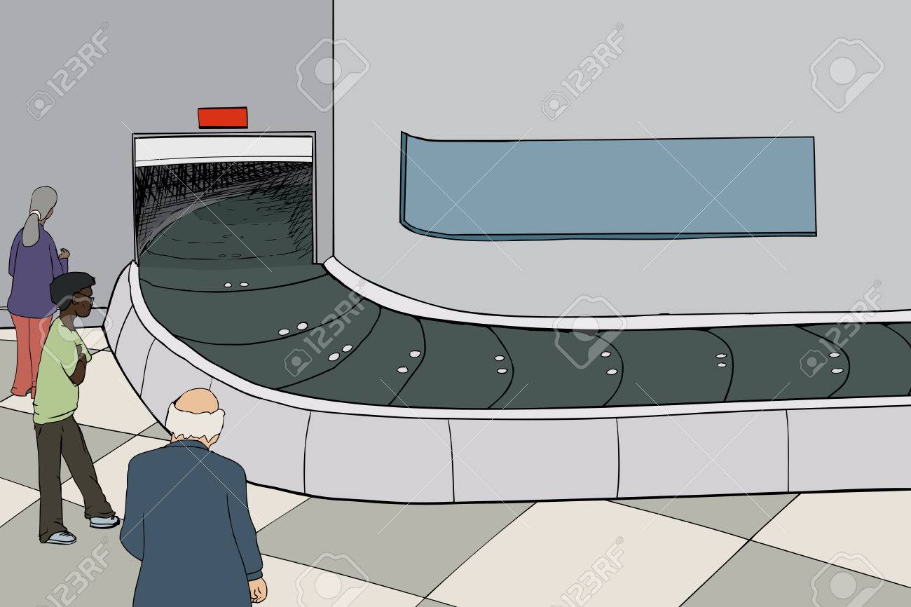 大人 3 名で荷物を待っている空カルーセルで受取します のイラスト素材 ベクタ Image