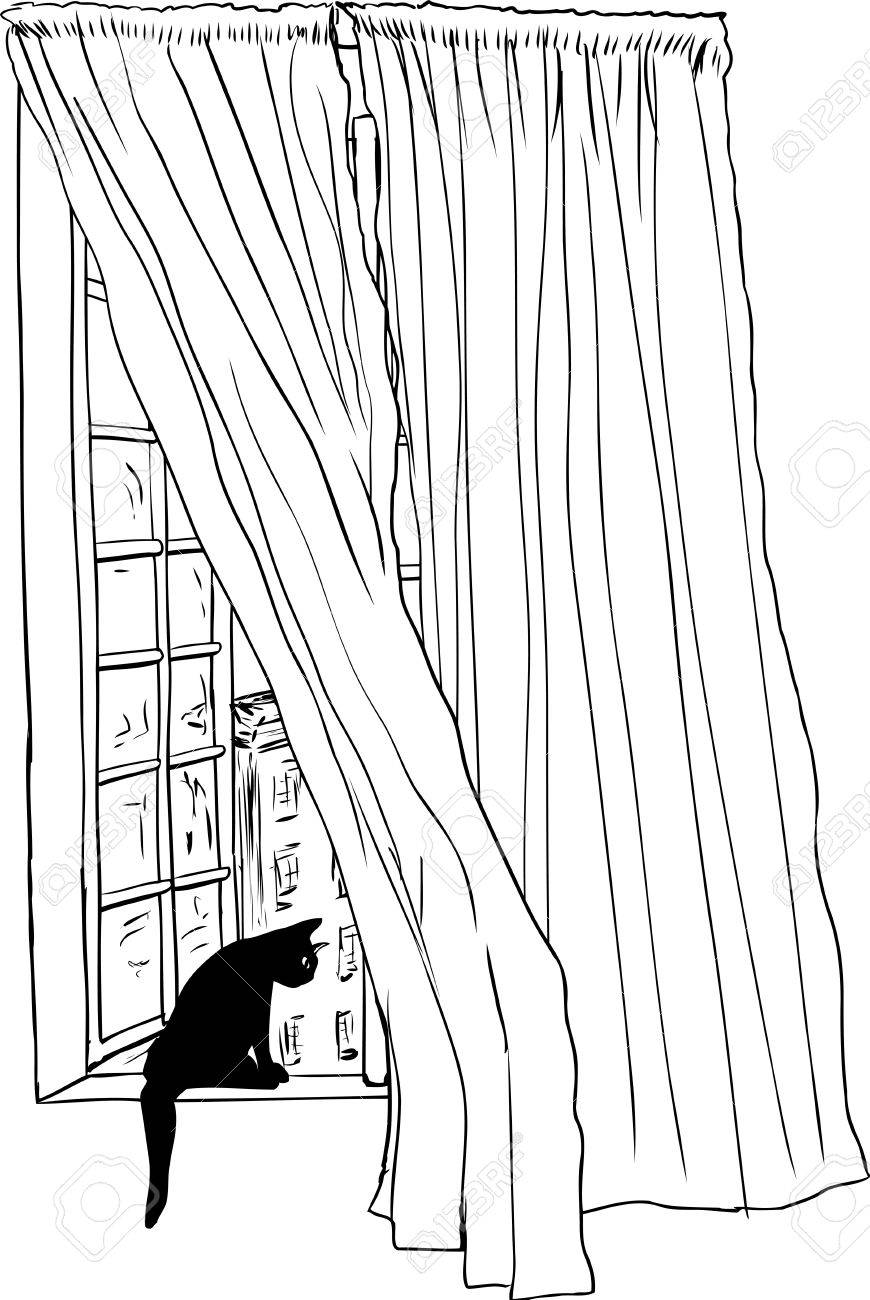 カーテン ケースメント ウィンドウを開くとバック グラウンドでストックホルムのダウンタウンを見て黒猫の前で風に吹かれてのアウトライン スケッチのイラスト素材 ベクタ Image