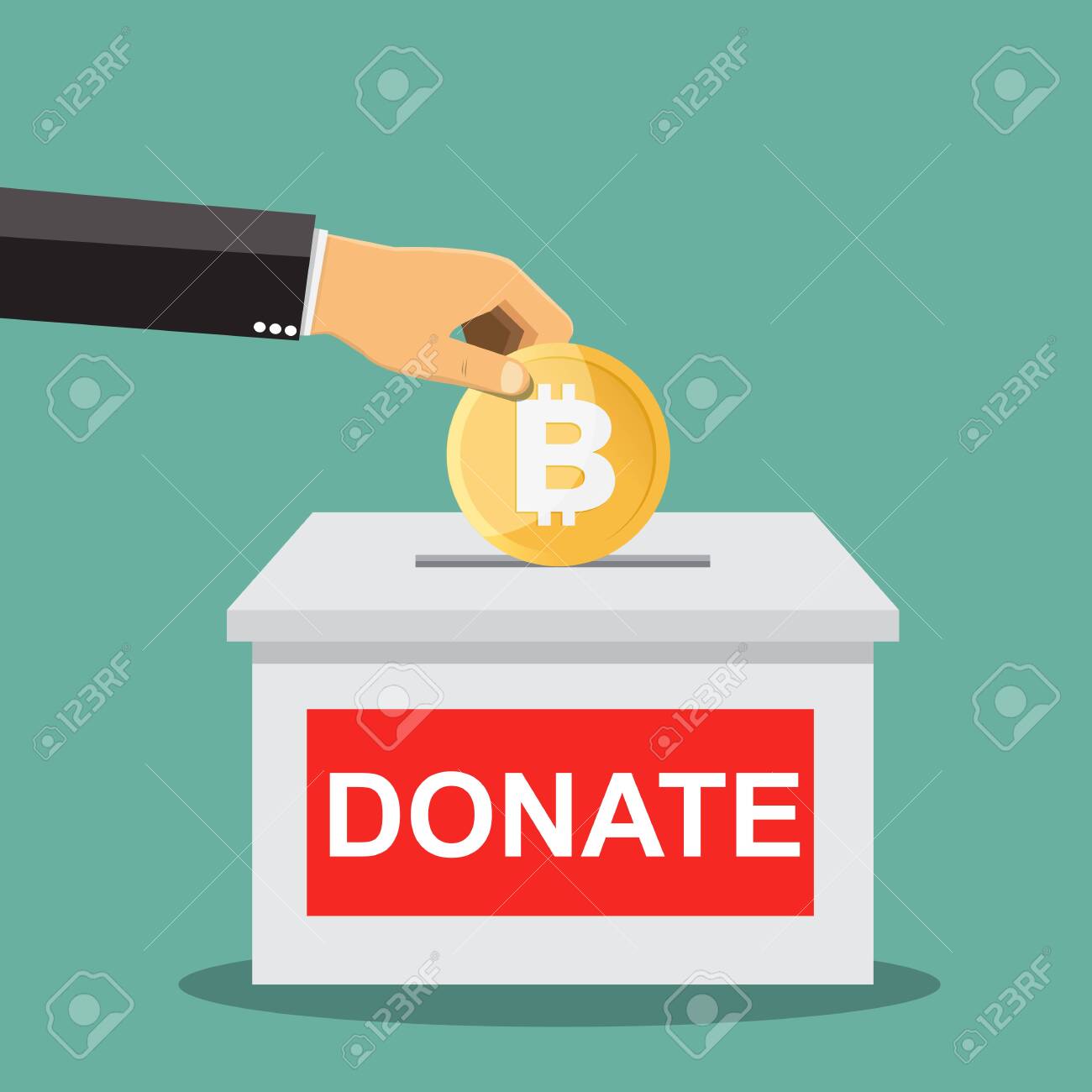 비즈니스 손은 기부금 상자에 황금 비트코인을 던집니다. 돈주고. 벡터 일러스트 레이 션 로열티 무료 사진, 그림, 이미지 그리고  스톡포토그래피. Image 138292439
