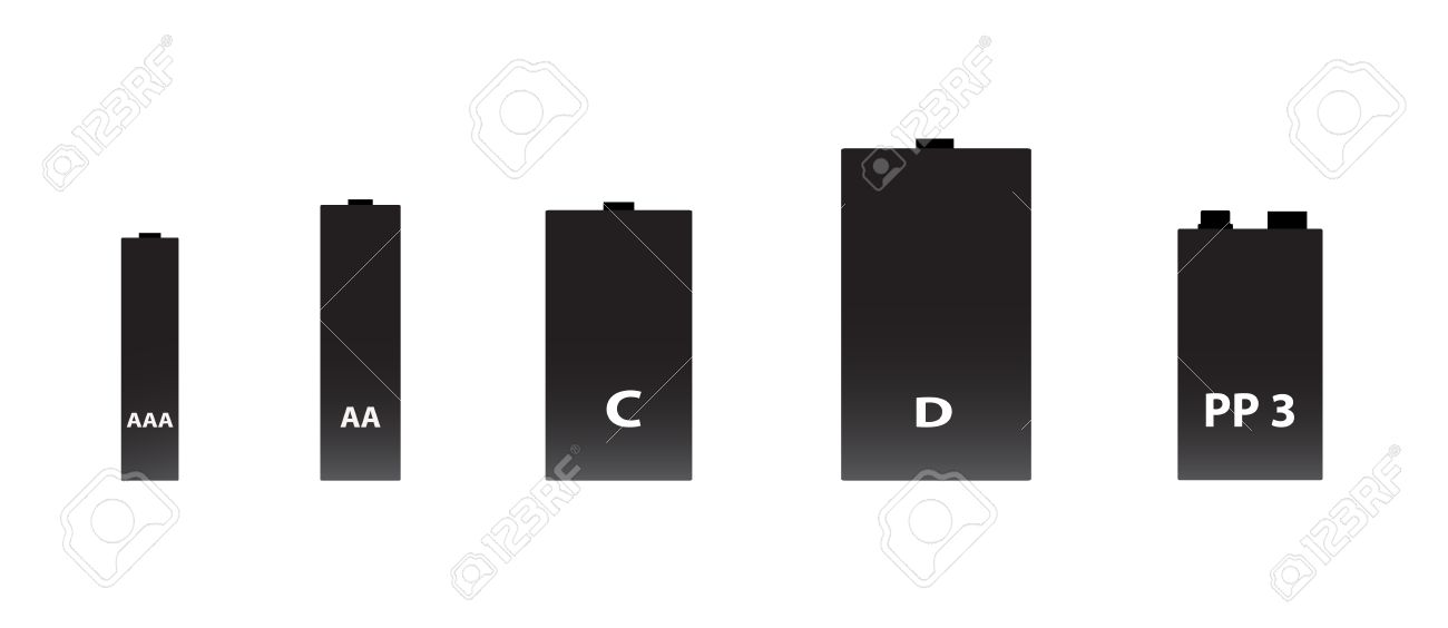 Cinco Tamaños De Baterías A Saber Aaa Cd Y Pp3 Ilustraciones Svg, Vectoriales, Clip Vectorizado Libre De Derechos. Image 37927457.