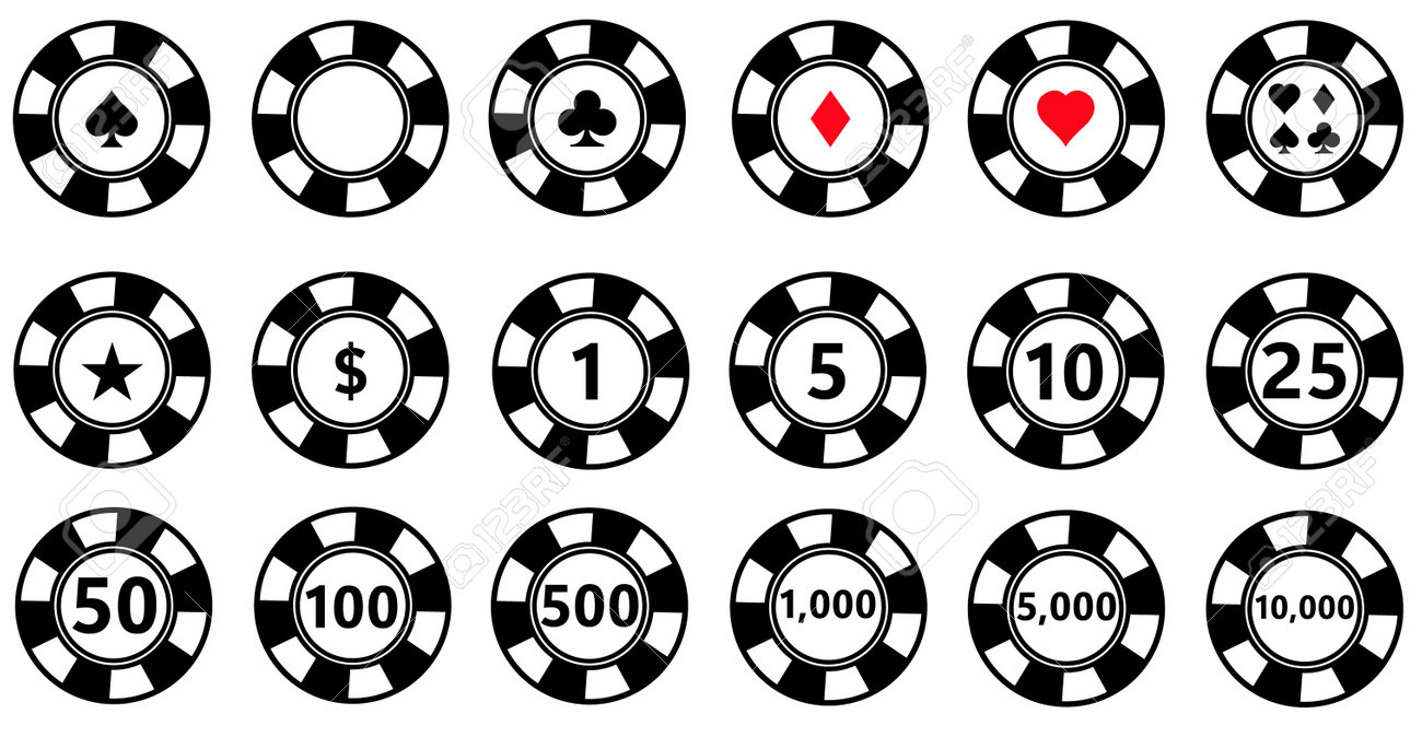 白い背景にカジノコインチップセット。ポーカーチップのサイン。値  5,10,25,50,100,500,1000。フラットスタイル。のイラスト素材・ベクター Image 194678857