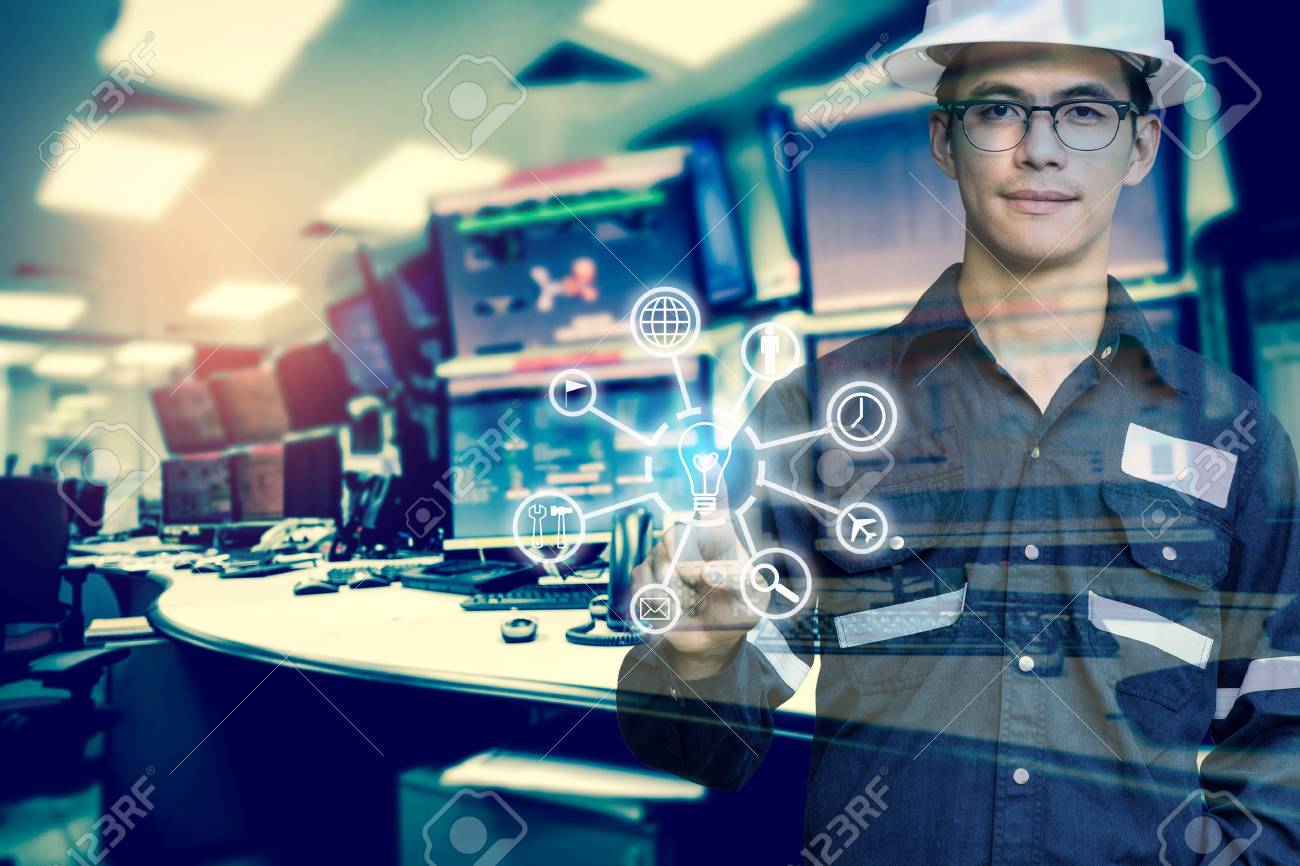 Double exposure of Engineer or Technician man with business industrial tool icons while pointing finger with monitor of computers room for oil and gas industrial business concept. - 93294481 Double exposure of Engineer or Technician man with business industrial tool icons while pointing finger with monitor of computers room for oil and gas industrial business concept. - 93294481