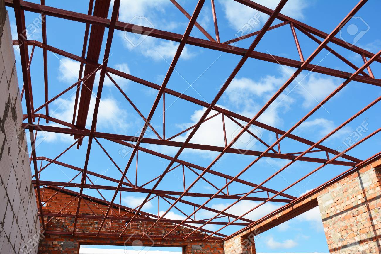 steel roof trusses details with clouds sky background steel roof trusses sitting on concrete pole - Metal Roof Trusses steel roof trusses details with clouds sky background steel roof trusses sitting on concrete pole - Metal Roof Trusses