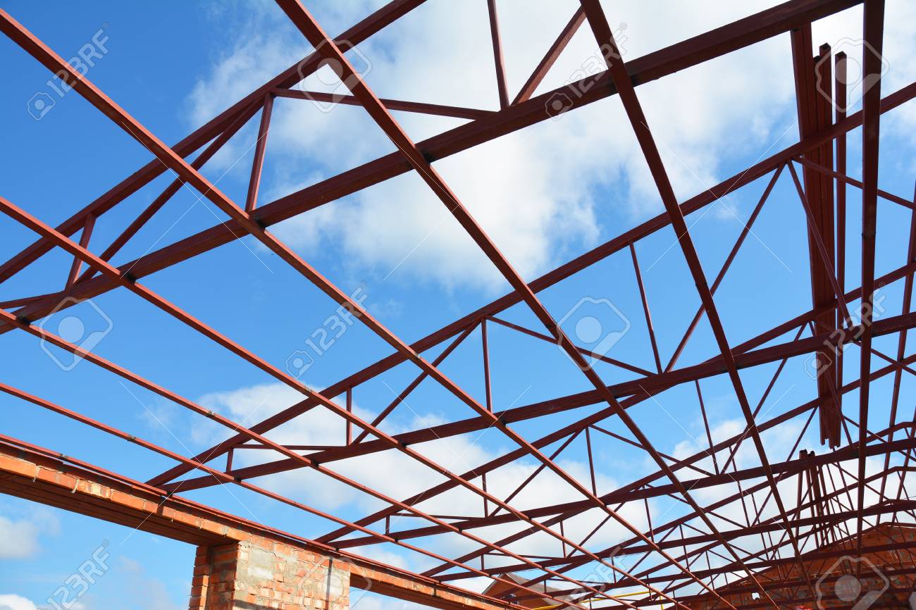 roofing construction steel roof trusses details with clouds sky background industrial roofing stock - Metal Roof Trusses roofing construction steel roof trusses details with clouds sky background industrial roofing stock - Metal Roof Trusses