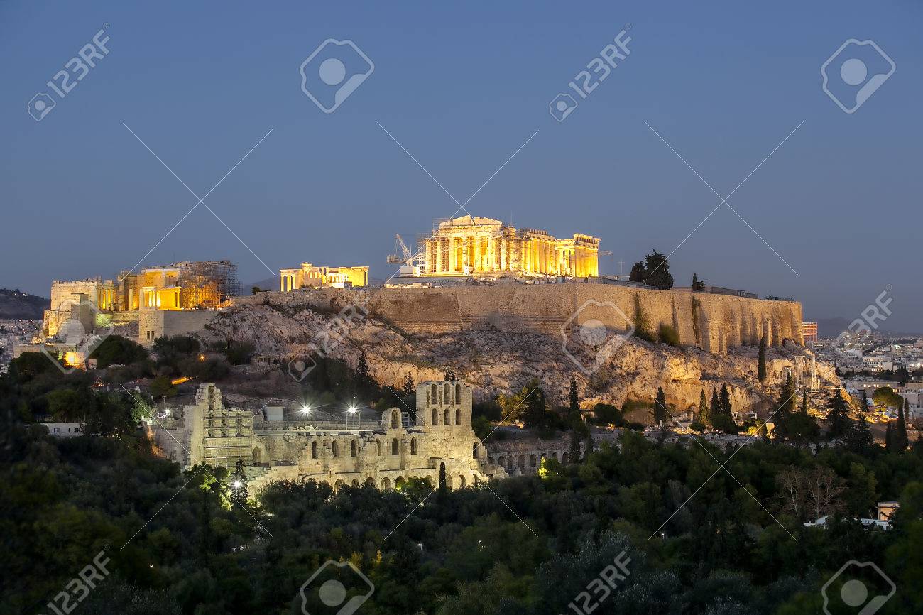 acropolis and herod atticus at night stock photo picture and