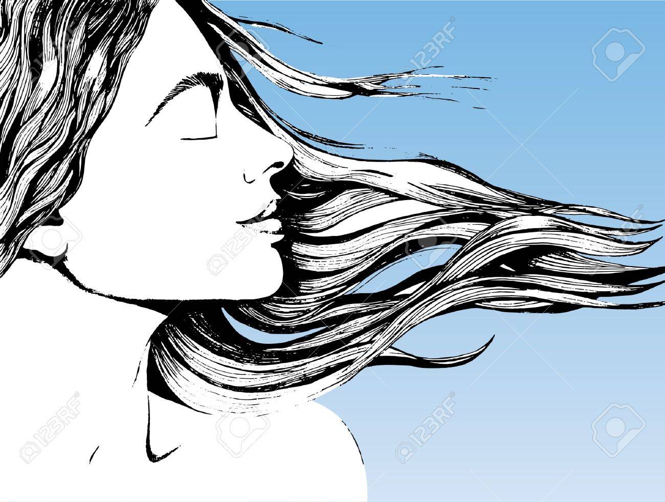 Vettoriale - Un Volto Di Donna Con Lo Streaming Capelli Al Vento. Lo Sfondo è Il Colore Del Cielo Image 16779558.