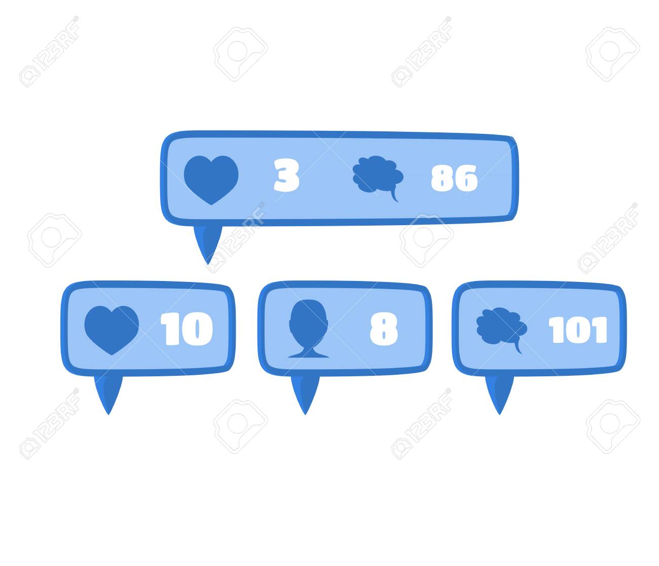 のようなフォロワーとソーシャル メディア ボタン アイコン印のコメント フラットな白の数字とブルーの色でデザイン のイラスト素材 ベクタ Image