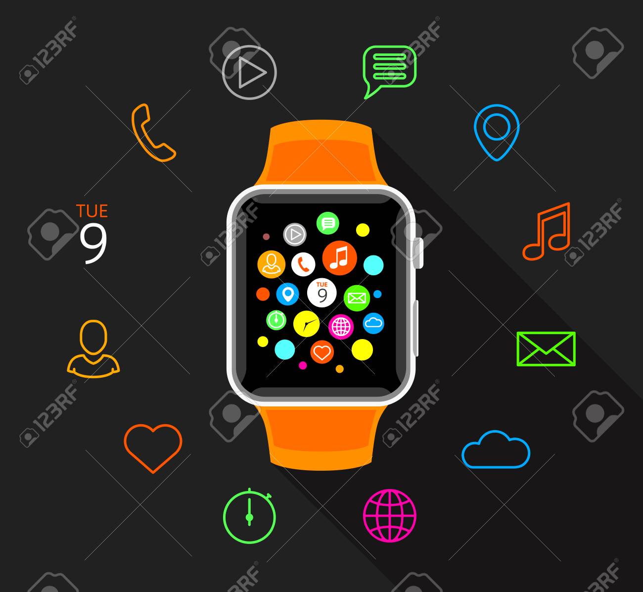 フラット暗い灰色の背景にカラフルなアイコンを持つモダンなオレンジ スマートウォッチ スマートな時計技術のベクター イラストです のイラスト素材 ベクタ Image