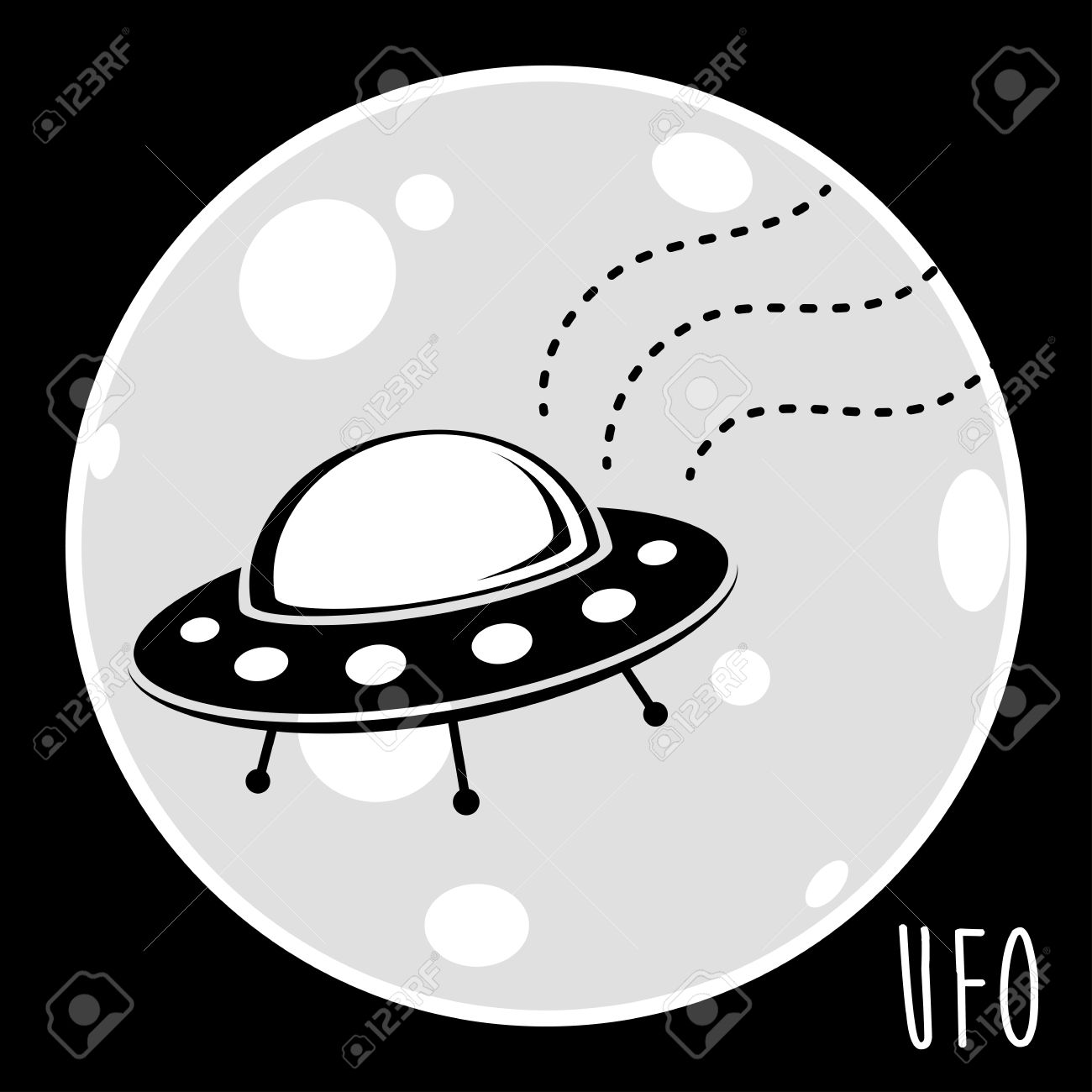 Ufo 未確認飛行物体 月を背景に空飛ぶ円盤宇宙船 ベクトル図 のイラスト素材 ベクタ Image