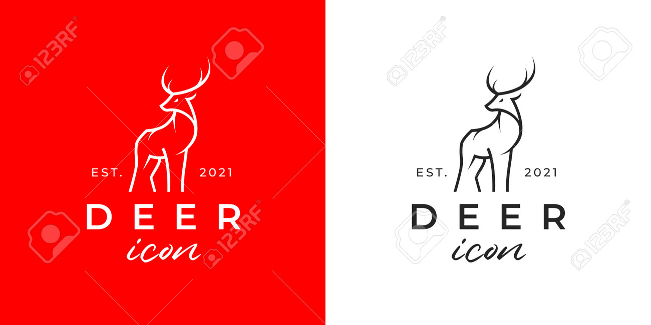 사슴 로고. 벅 라인 아이콘입니다. 야생 순록 아웃도어 브랜드 라벨. 엘크 뿔 기호입니다. 야생 동물 사슴 기호입니다. 벡터 일러스트  레이 션. 로열티 무료 사진, 그림, 이미지 그리고 스톡포토그래피. Image 162090462