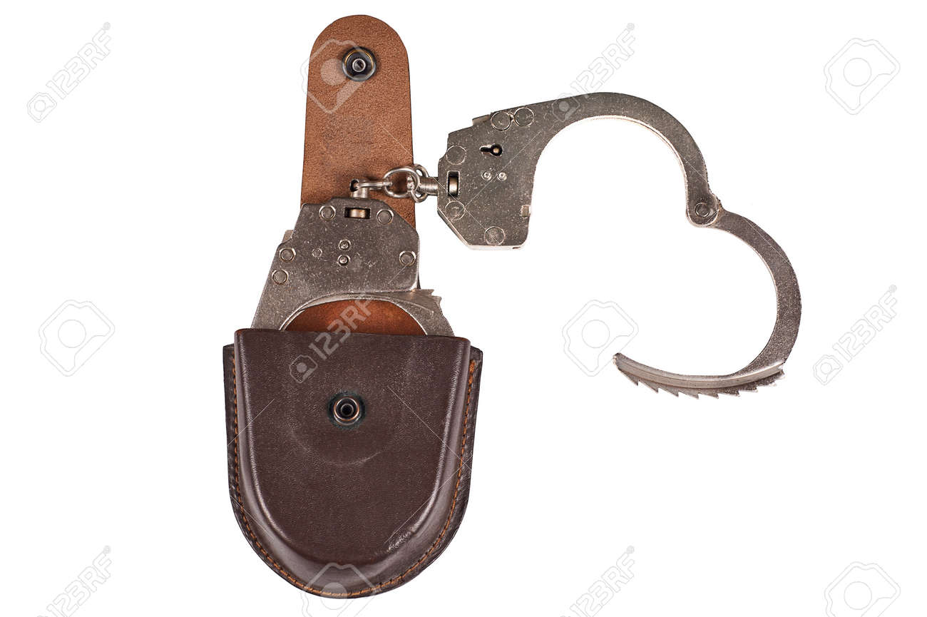 흰색 배경에 격리된 케이스가 있는 경찰 수갑, 평평한 평신도 로열티 무료 사진, 그림, 이미지 그리고 스톡포토그래피. Image  122321954