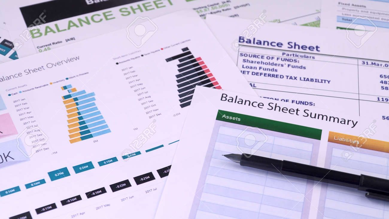 Conceptual composition. Balance sheet summary form and pen on the background of financial documents, close-up - 158046431 Conceptual composition. Balance sheet summary form and pen on the background of financial documents, close-up - 158046431