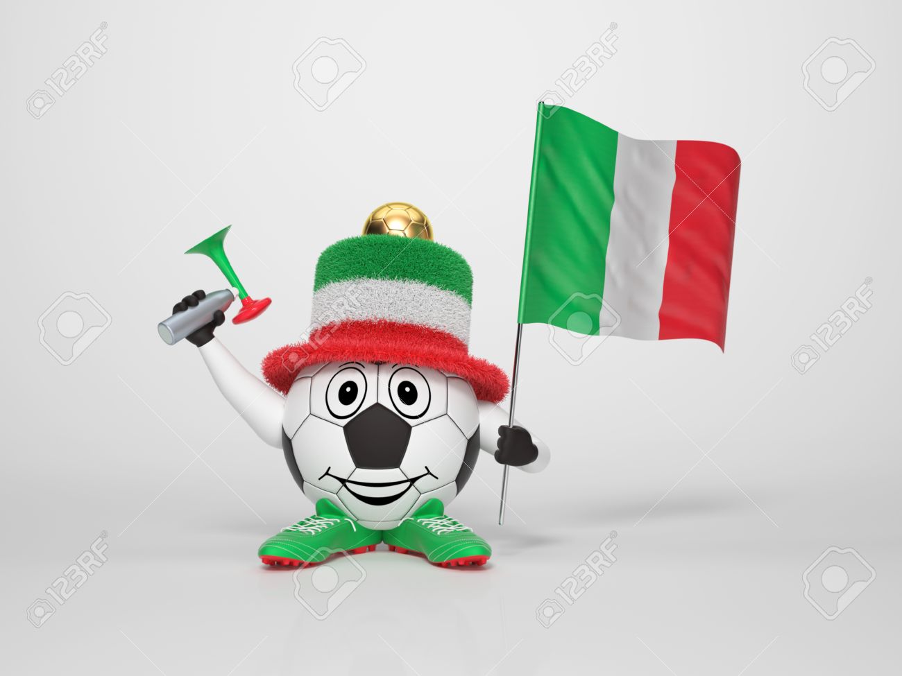 Un Personnage De Football Mignon Et Drole Tenant Le Drapeau National De L Italie Et Une Corne Habille Dans Les Couleurs De L Italie Sur Le Fond Lumineux Soutenir Son Equipe Banque D Images Et