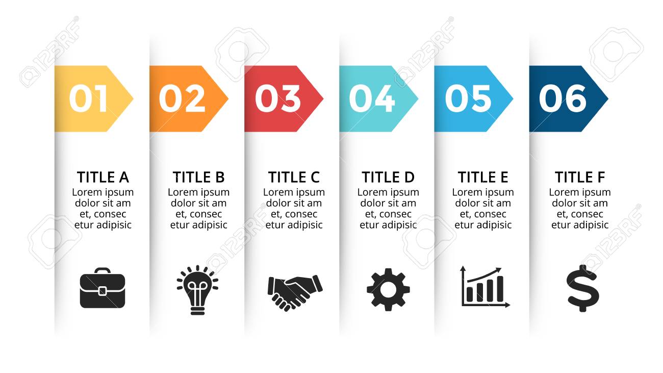 Vector paper arrows infographic, banners diagram, labels graph, stickers presentation chart. Business concept with 6 options, parts, steps, processes. Slide template. - 105855675 Vector paper arrows infographic, banners diagram, labels graph, stickers presentation chart. Business concept with 6 options, parts, steps, processes. Slide template. - 105855675