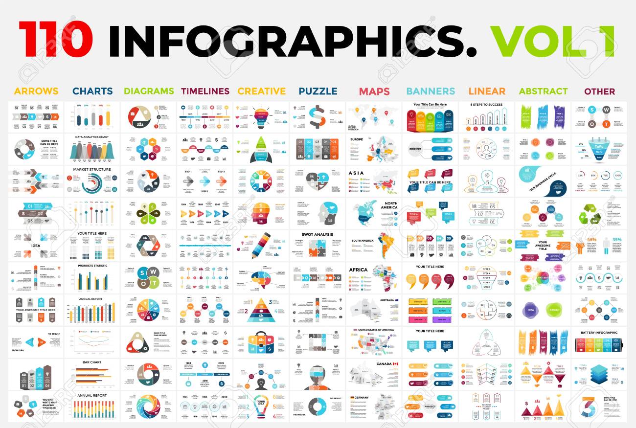 110 Vector Infographics vol 1. Presentation templates includes 11 categories from maps, diagrams or banners to timelines, arrows and creative. - 158727564 110 Vector Infographics vol 1. Presentation templates includes 11 categories from maps, diagrams or banners to timelines, arrows and creative. - 158727564