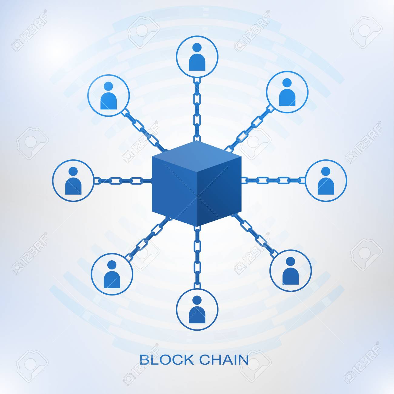 블록 체인 기술 개념입니다. 큐빅 노드는 체인으로 연결됩니다. 아이소 메트릭 벡터 암호화, 가상 돈, 보안 E- 비즈니스 또는 웹  보안에 대 한 분산 된 데이터베이스의 그림. 로열티 무료 사진, 그림, 이미지 그리고