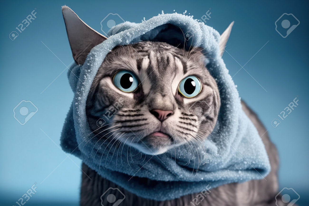 Funny Wet Gray Tabby Cat With Huge Eyes After Washing Wrapped In
