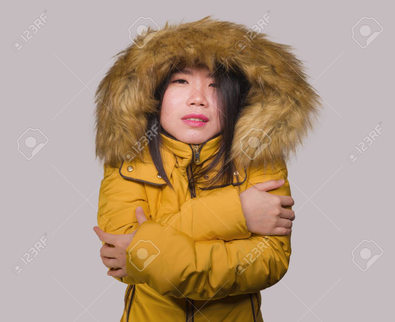 yellow jacket with fur hood
