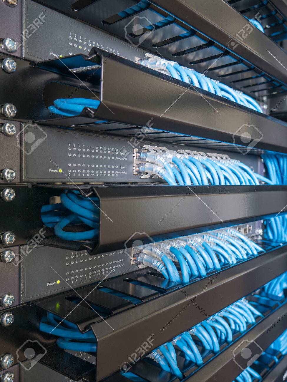 Ethernet Network Switch And Network Wire In Rack Cabinet Stock