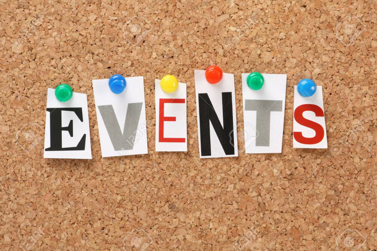 the word events in cut out magazine letters pinned to a cork stock