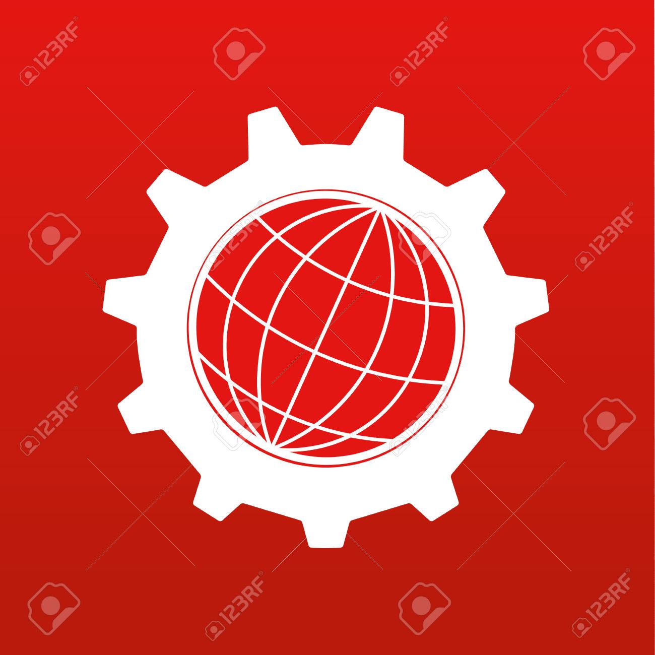 Stylized globe of the Earth inside a gear or cog in white on a red background - 53860555 Stylized globe of the Earth inside a gear or cog in white on a red background - 53860555