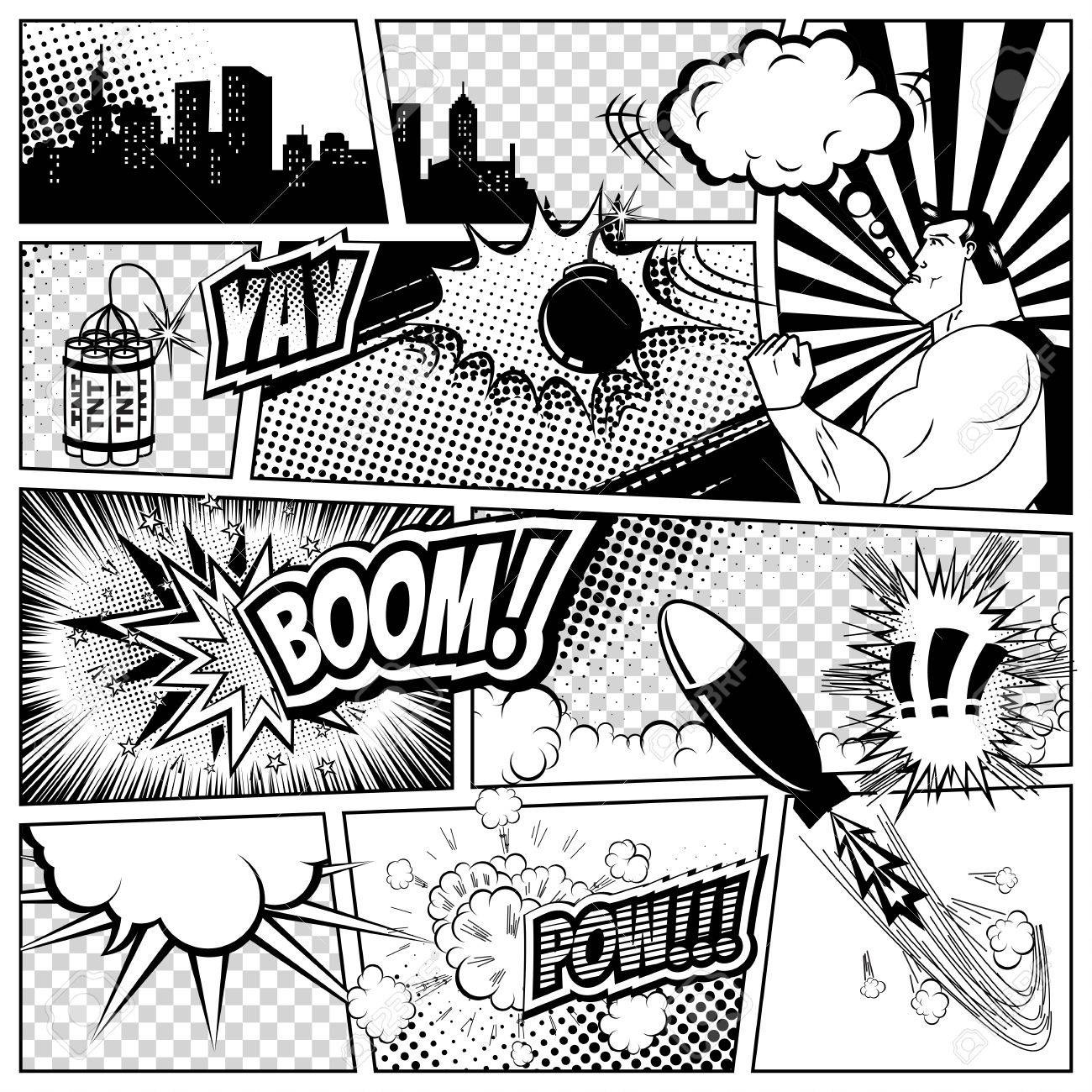 漫画のテンプレートです ベクトル レトロ漫画吹き出しは 図 モックアップ コミック ページのテキスト 音声 Bubbls シンボル 効果音 ハーフトーンの背景およびスーパー ヒーローのための場所とのイラスト素材 ベクタ Image