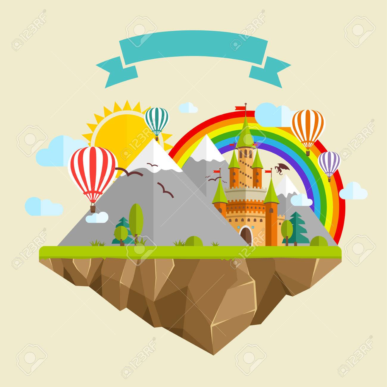おとぎ話の城 風船 山 青の雲 島を飛んで緑の木 太陽 虹 緑の草 ドラゴンとリボンのイラスト素材 ベクタ Image