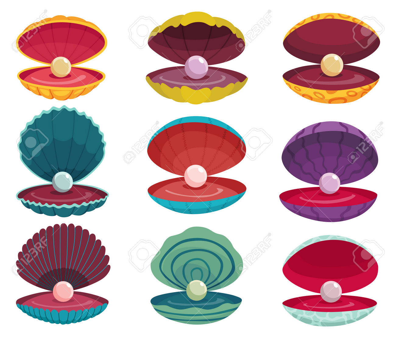 貝殻の真珠。貝殻を開くホタテ貝と真珠の貝殻のアイコンは、さまざまな形と色でセットされています。漫画のフラットスタイルのハマグリの殻に美しい真珠。白い背景にベクターイラストのイラスト素材・ベクター  Image 191636811