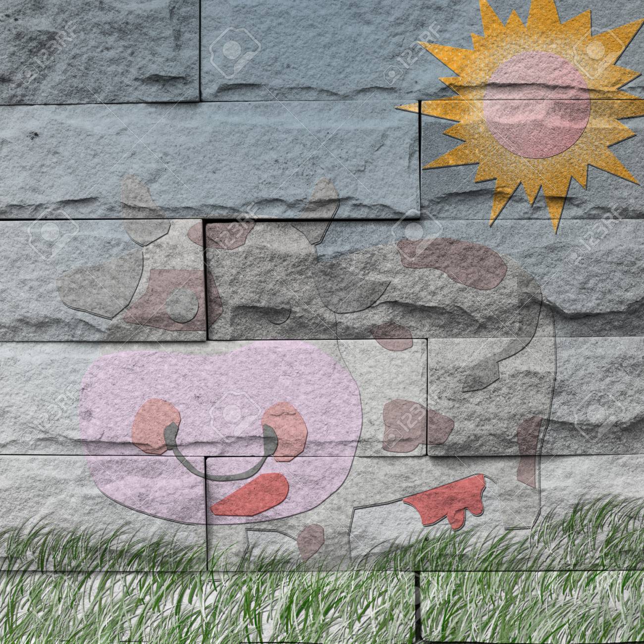 牛 の壁画 レンガの絵画の概念 の写真素材 画像素材 Image