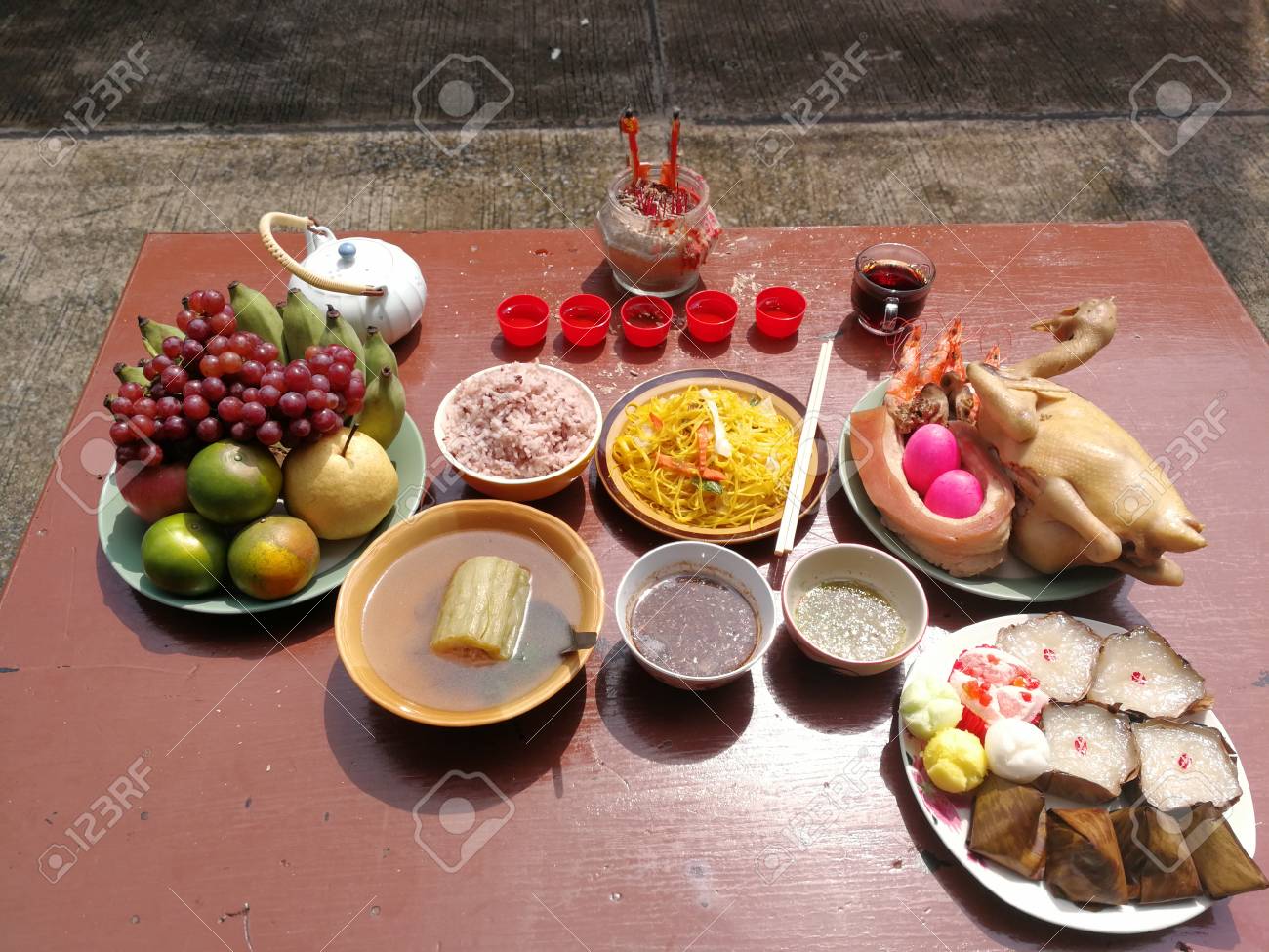 Sacrificial Offering Food For Pray To God And Memorial To Ancestor In Chinese New Year Thailand Stock Photo Picture And Royalty Free Image Image 91379846
