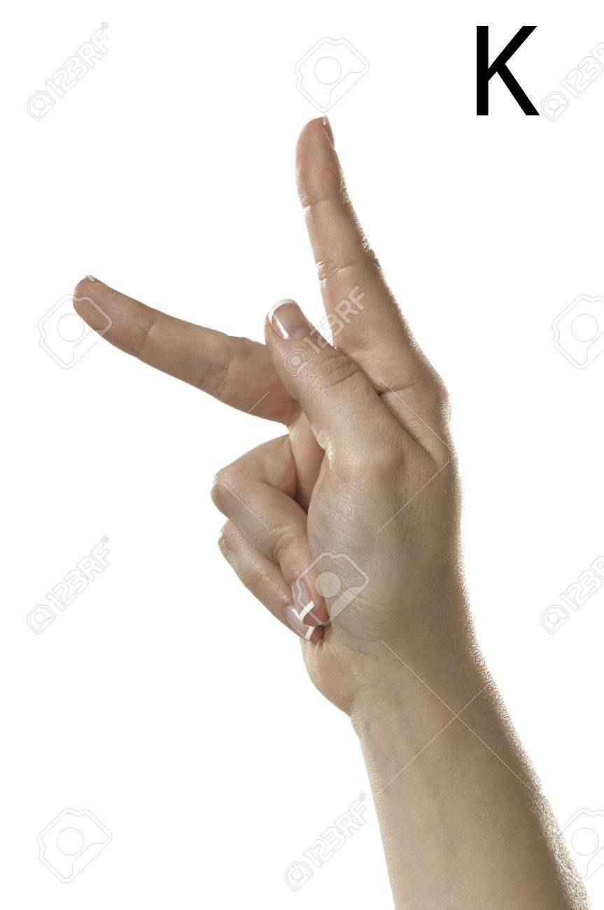 finger spelling the alphabet letter k in american sign language