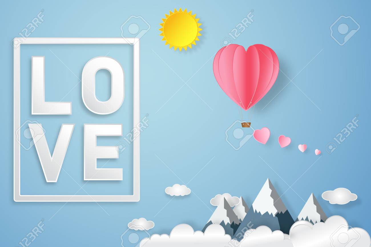 ピンクのハートと紙の芸術 クラフトスタイルと幸せなバレンタインデー 2月14日のコンセプトとして青空と雲の背景にテキストを愛しています ベクトル イラストレーター のイラスト素材 ベクタ Image