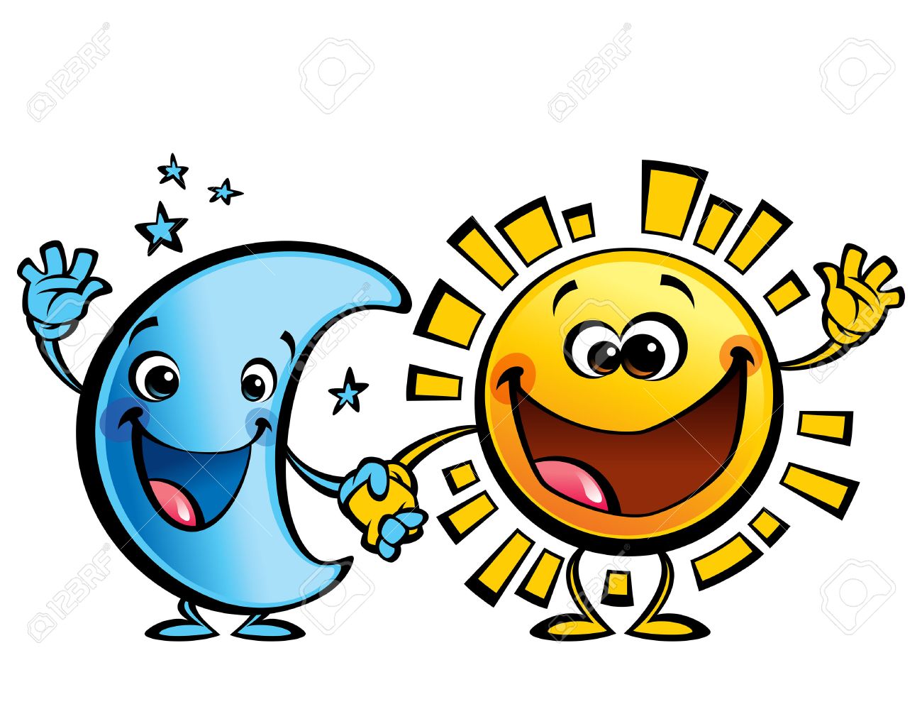 shining yellow smiling sun and blue moon cartoon characters a