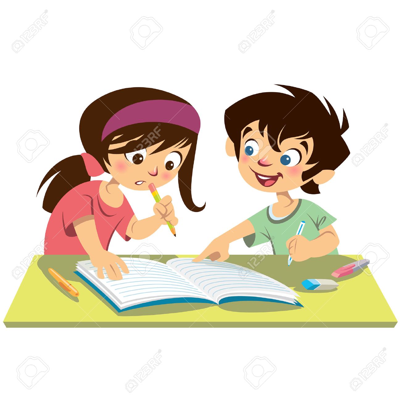 children pupils reading together while boy explains to girl pointing