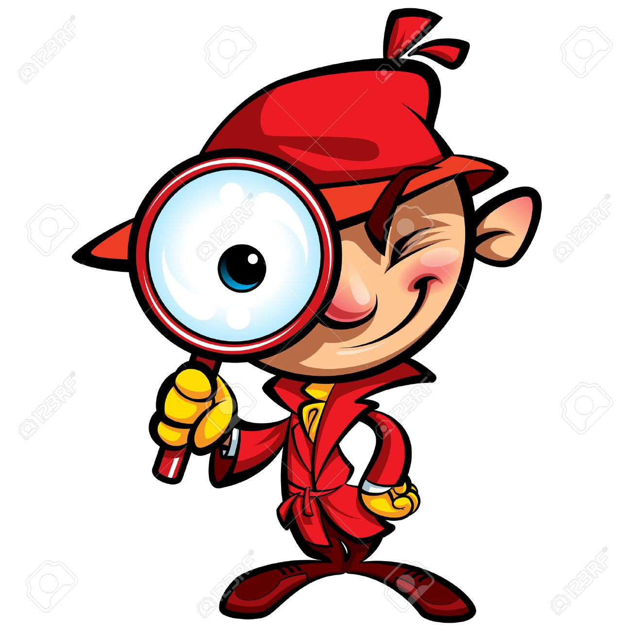 Inspector De Espía De Dibujos Animados Con Burberry Roja Que Mira Con Un  Gran Ojo A Través De La Sonrisa Enorme Lupa Y Cerrando Un Ojo Ilustraciones  Svg, Vectoriales, Clip Art Vectorizado