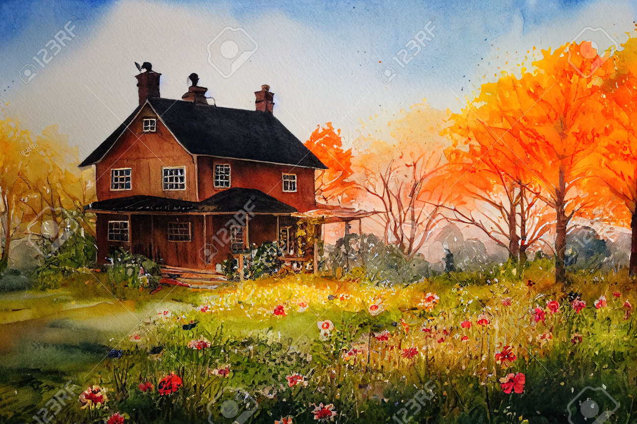 カントリーハウスの風景　水彩画　原画 カントリーハウスの風景 水彩画 原画