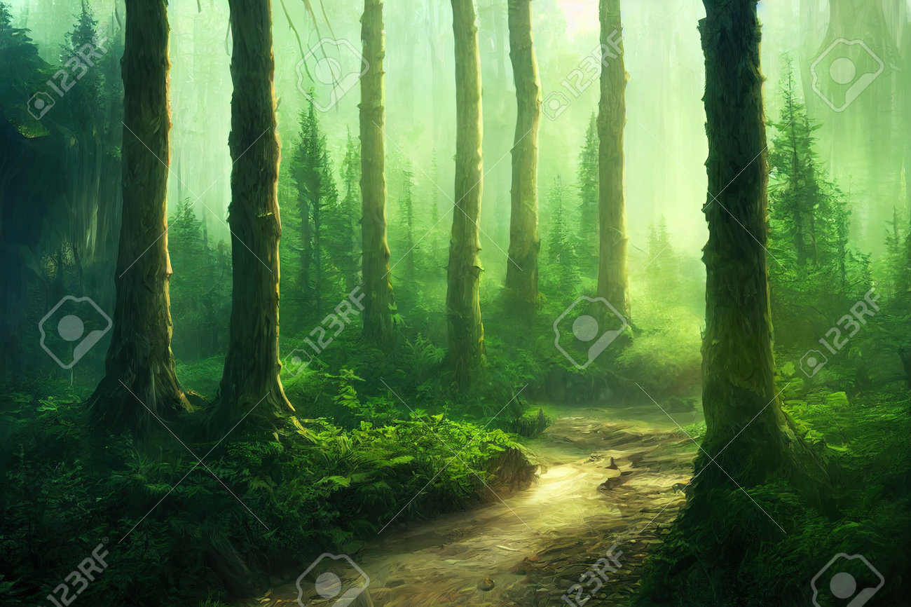 Deep Forest. Fantasy Backdrop. Concept Art. Realistic Illustration