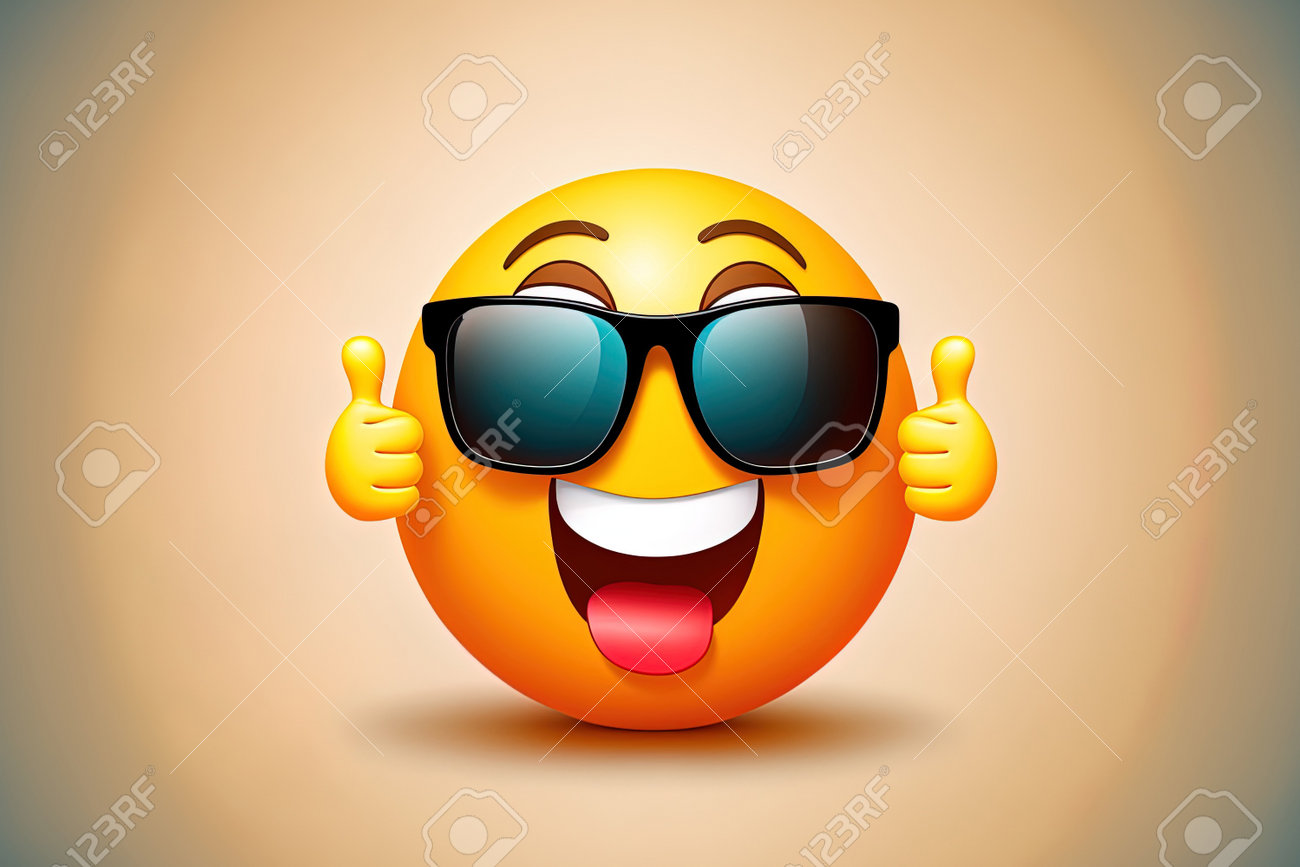 Emoticon Of A Cute Emoticon With Sunglasses And A Thumbs Up Stock Photo,  Picture and Royalty Free Image. Image 200128418., image size:1300x867