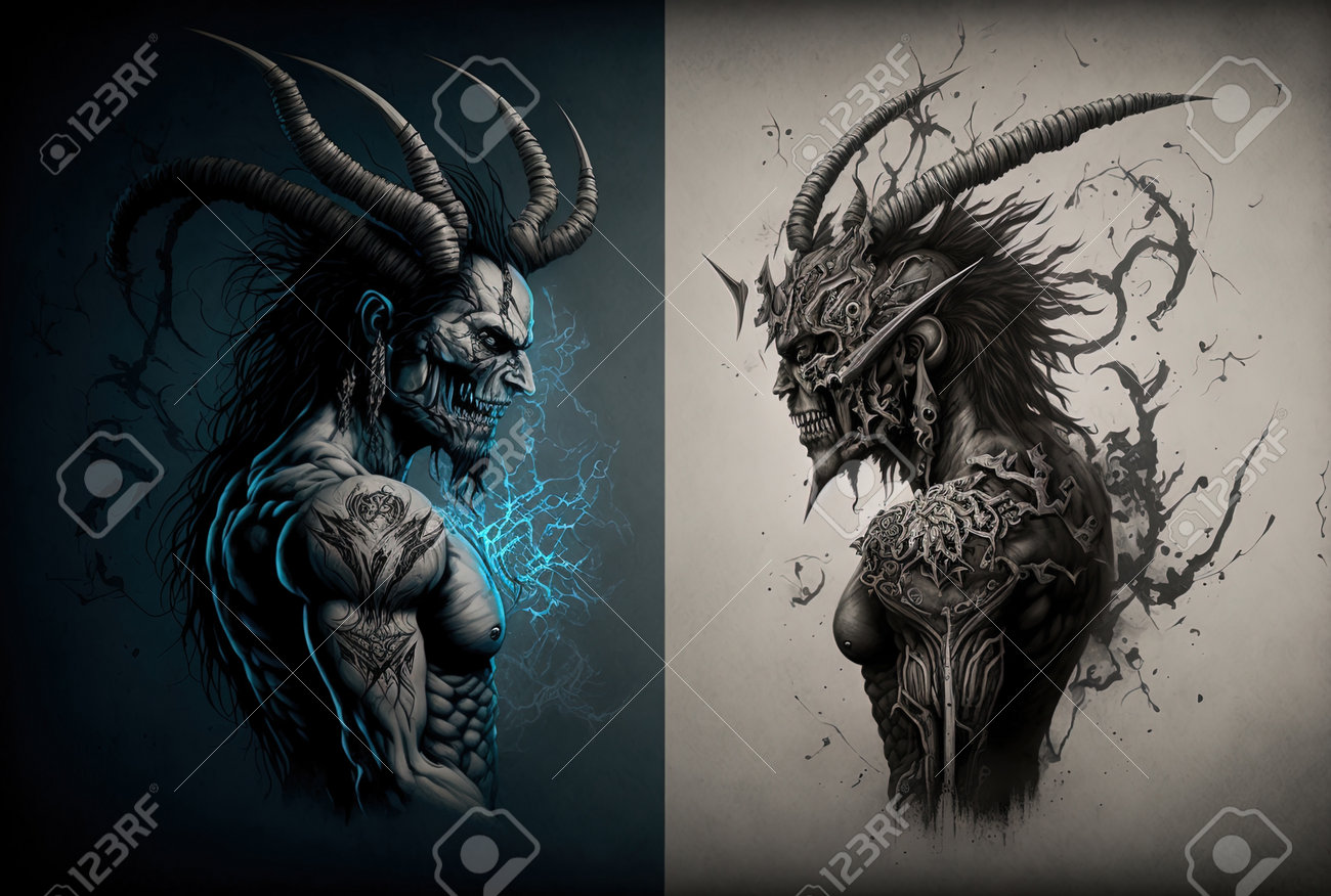2 Biomechanical Demons In A Tattoo On A Gray Backdrop And A ...