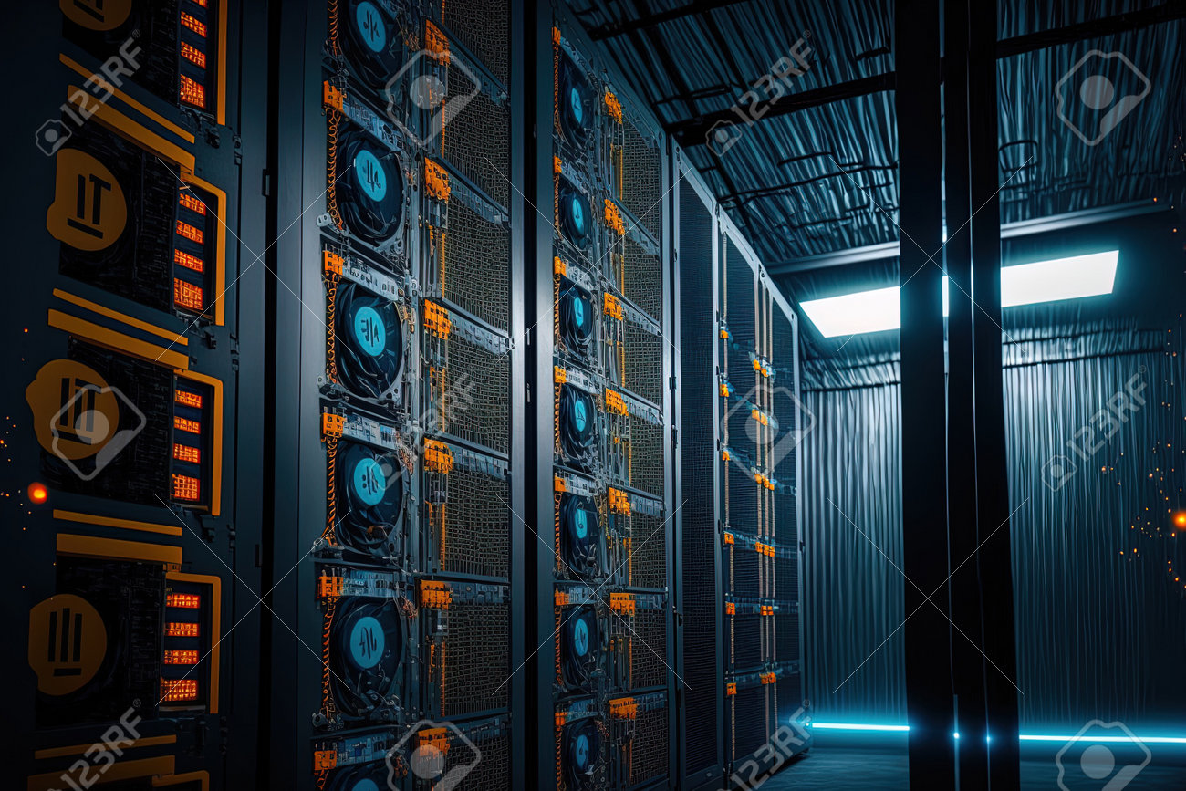 대규모 비트코인 채굴자 농장. 스탠드 랙에 있는 강철 컨테이너 ASIC 채굴 장비에서 비트코인을 채굴합니다. 블록체인 기술을 위한  애플리케이션 특정 집적 회로 데이터 센터. 서비스의 조명 로열티 무료 사진, 그림, 이미지 그리고 스톡포토그래피.