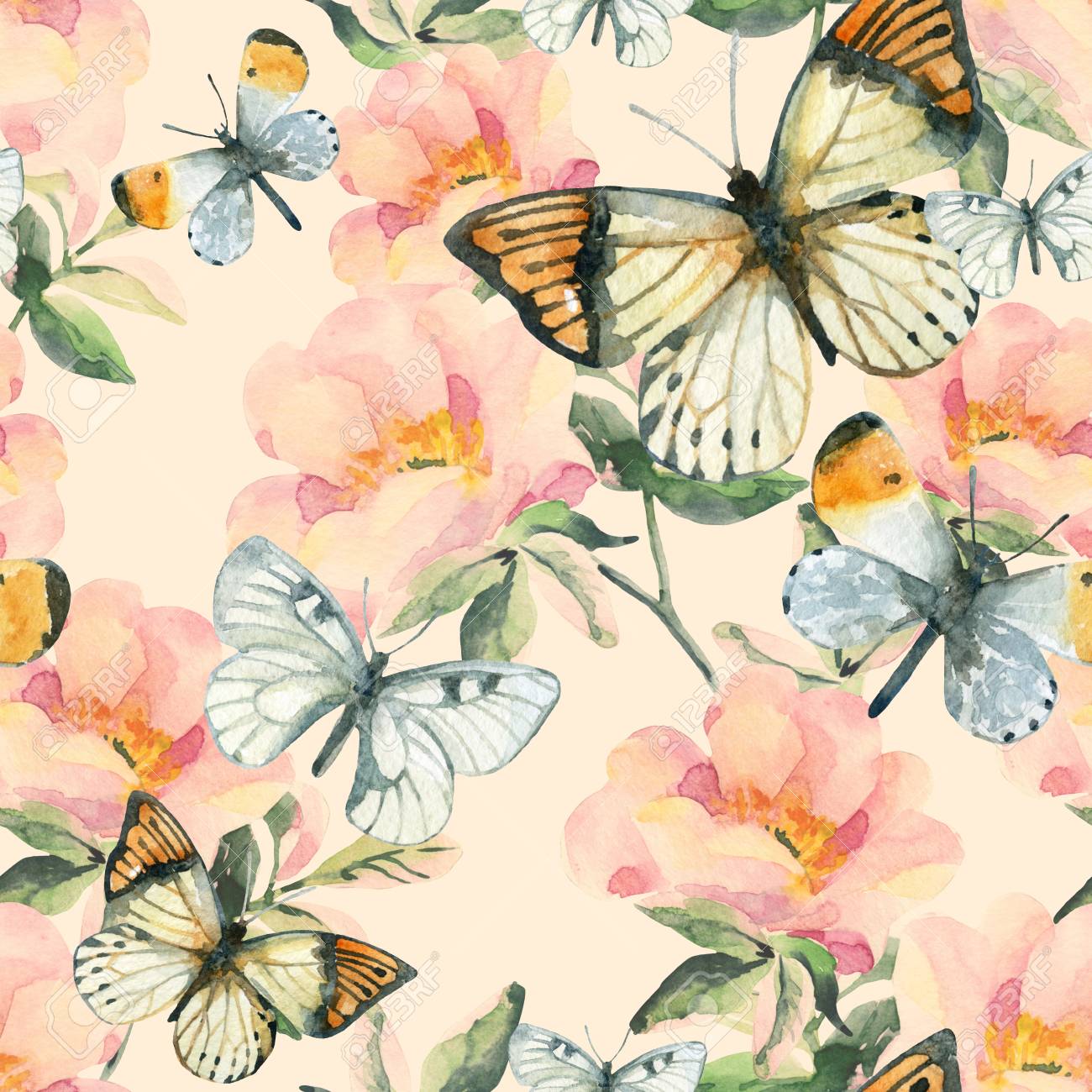 images Vintage Fondos De Mariposas Y Flores flores de briar de acuarela y patron transparente de mariposa perro rose ramas en el fondo en colores pastel ilustracion pintada a mano vintage