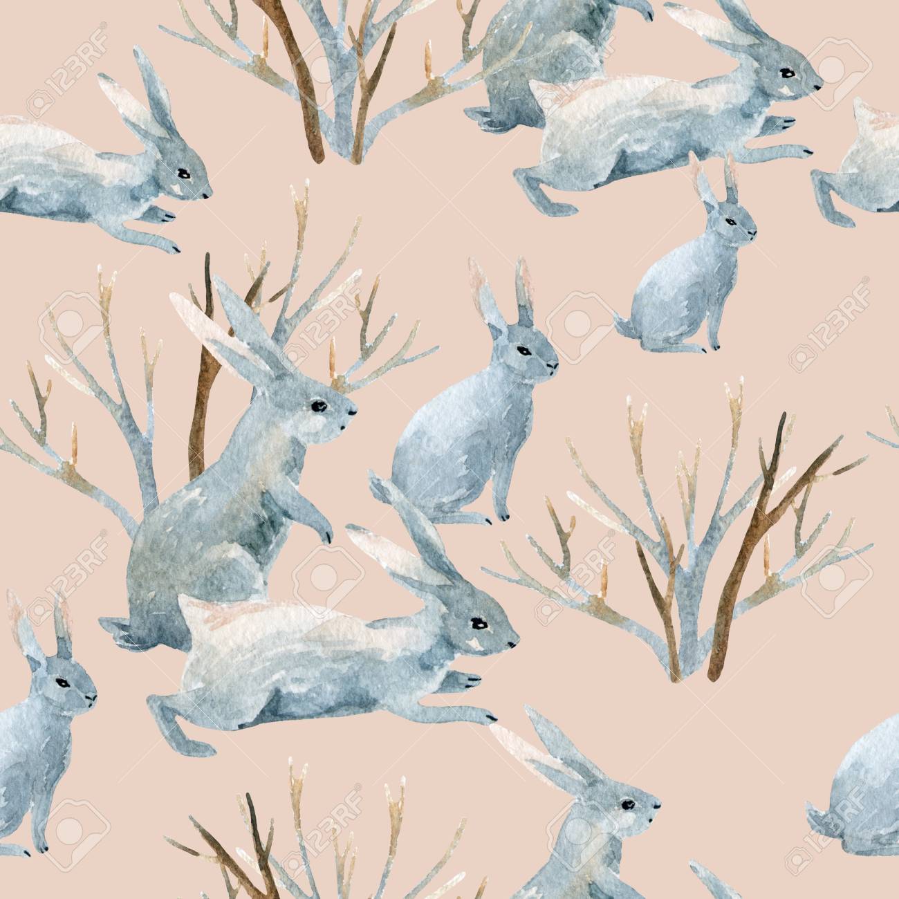 冬のウサギ 水彩冬ウサギと茂みのシームレスなパターン 手描きの優しい背景のイラスト の写真素材 画像素材 Image