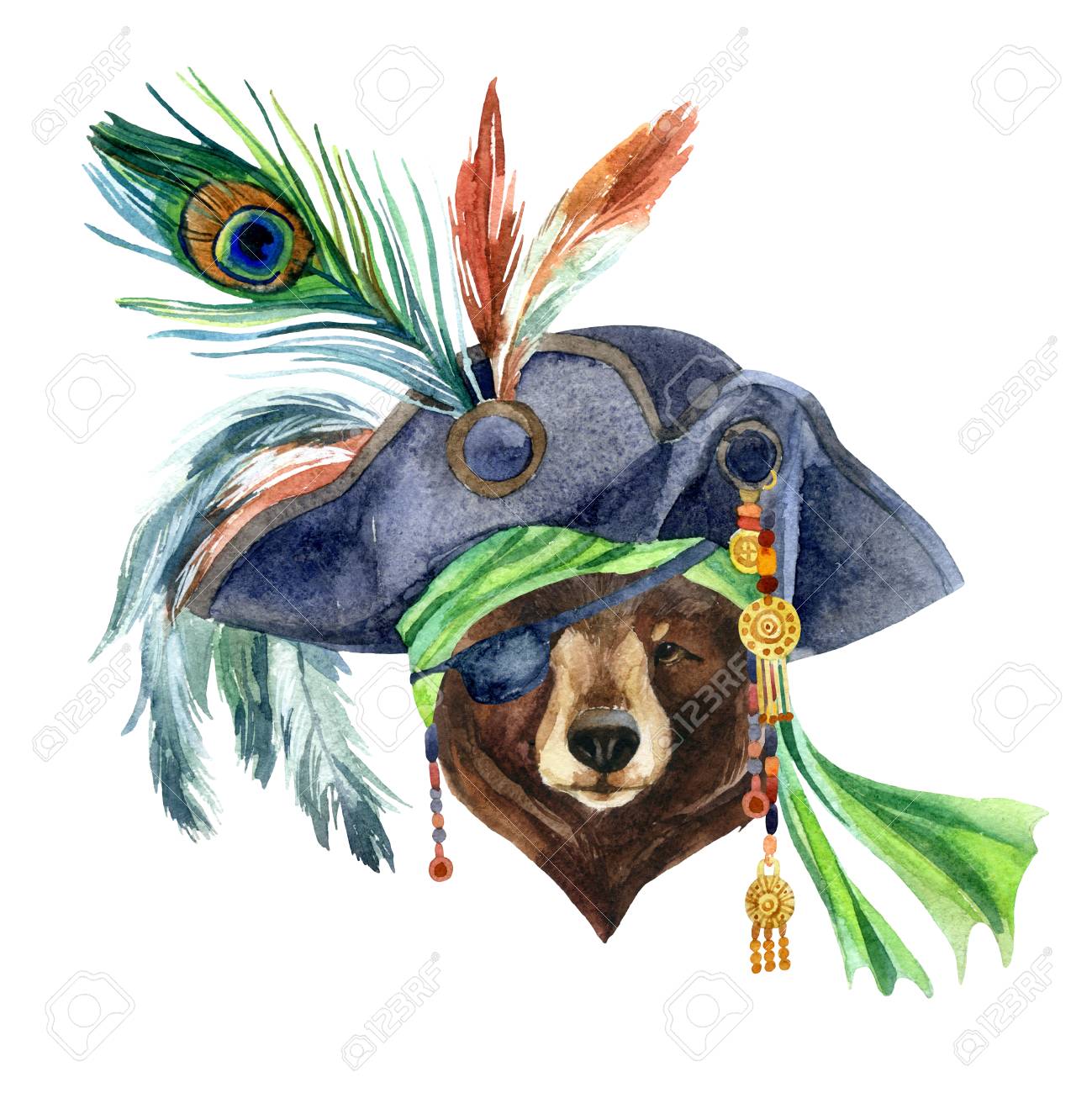 海賊バンダナと羽を帽子で水彩クマ 海賊としてクマの肖像画 手描きのイラスト の写真素材 画像素材 Image