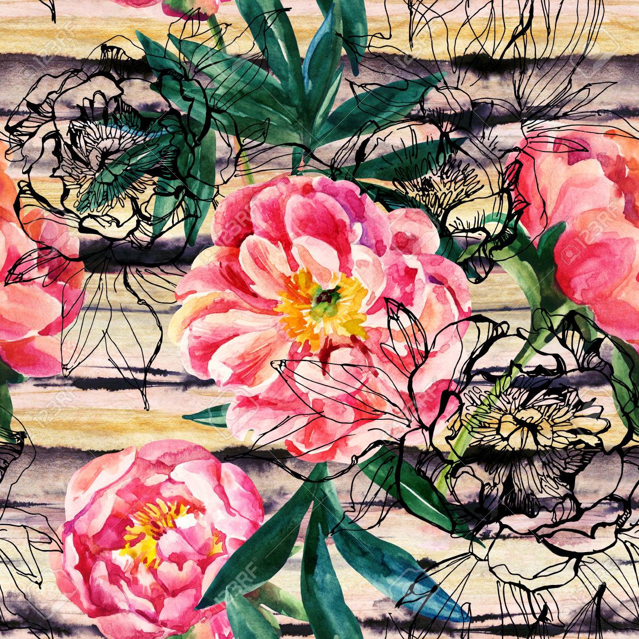 牡丹の水彩画やスケッチのシームレスなパターン。インク ゴールデン