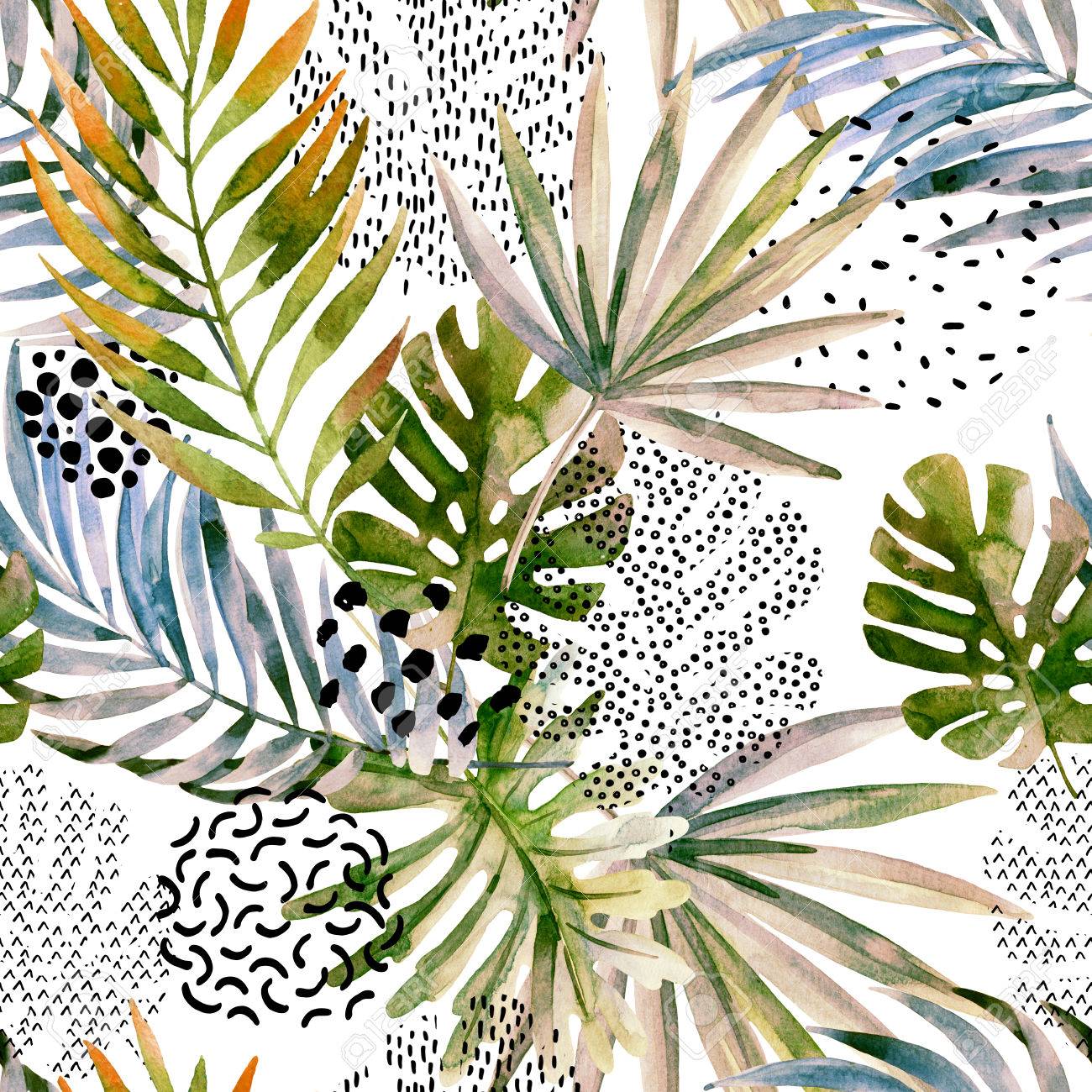 watercolor art illustration tropical leaves filled with marble