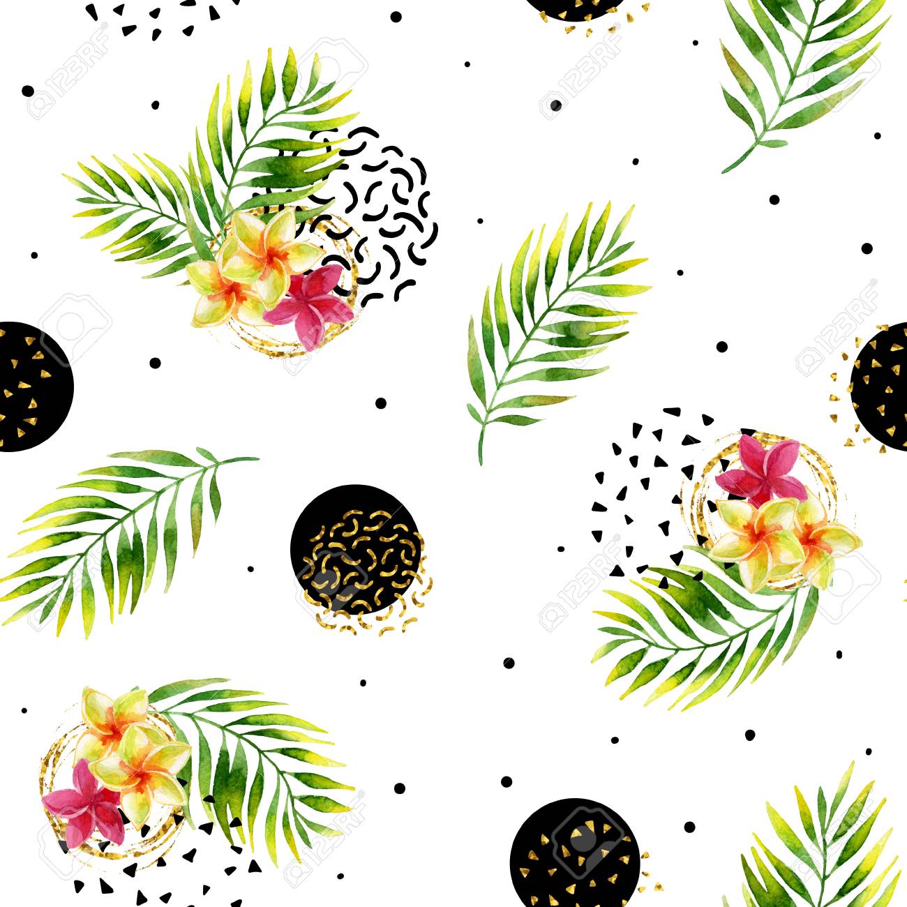 水彩のエキゾチックな花 葉は テクスチャ円背景を抽象化します 水カラー熱帯植物画 インクの落書き 黄金キラキラ シームレス パターン 手描きのメンフィス スタイルのイラスト の写真素材 画像素材 Image