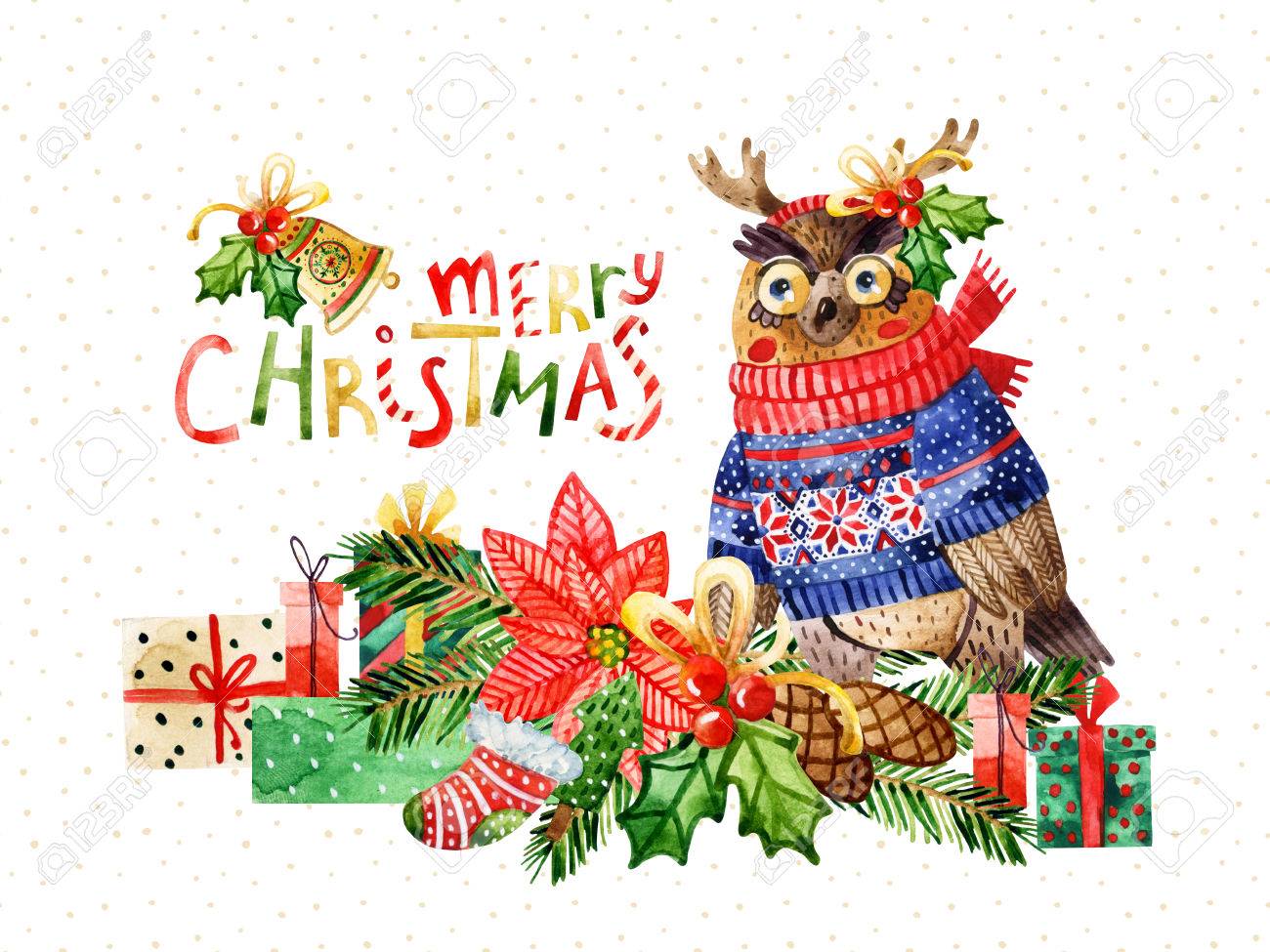 Oiseau Mignon Avec Joyeux Noël Félicitations Illustration De Dessin Animé Aquarelle De Hibou Hipster Dans Un Bandeau De Rennes Pull écharpe Parmi