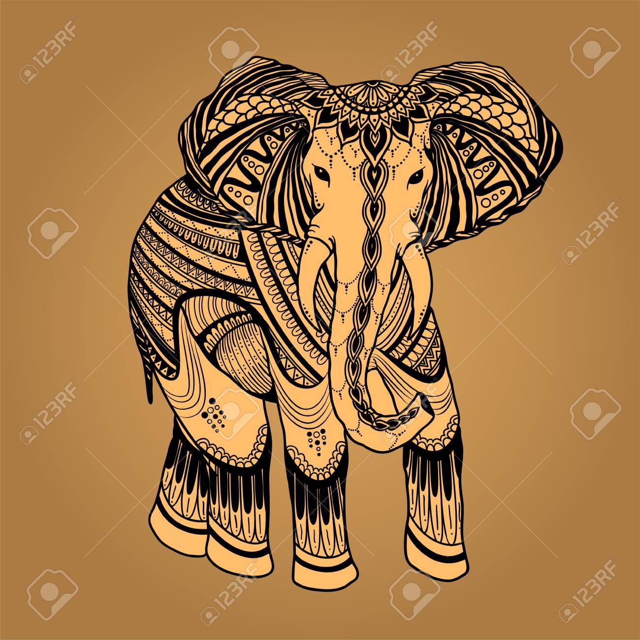 Zentangle で美しいインドゾウは飾りのアジアン スタイルです カラーで華やかな象には Antistress ぬりえページ印刷 カード 招待状 T シャツのデザインが様式化されました 手描きの背景イラストのイラスト素材 ベクタ Image